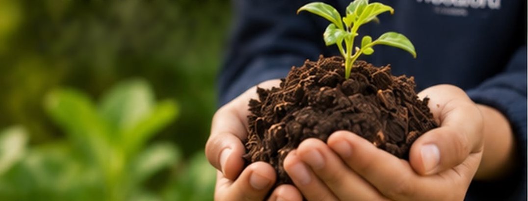 A student's hands holding a seedling in soil