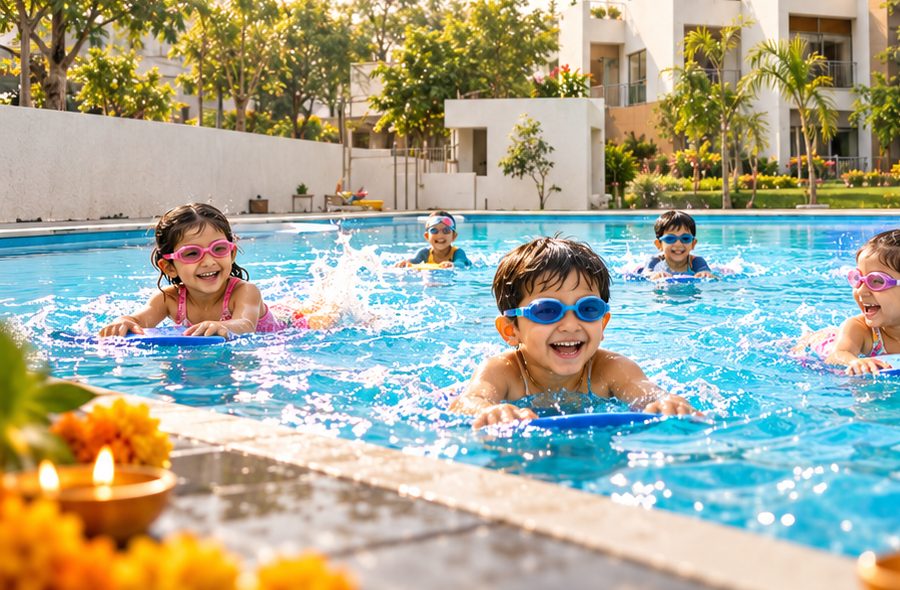 Children learning to swim in the campus pool